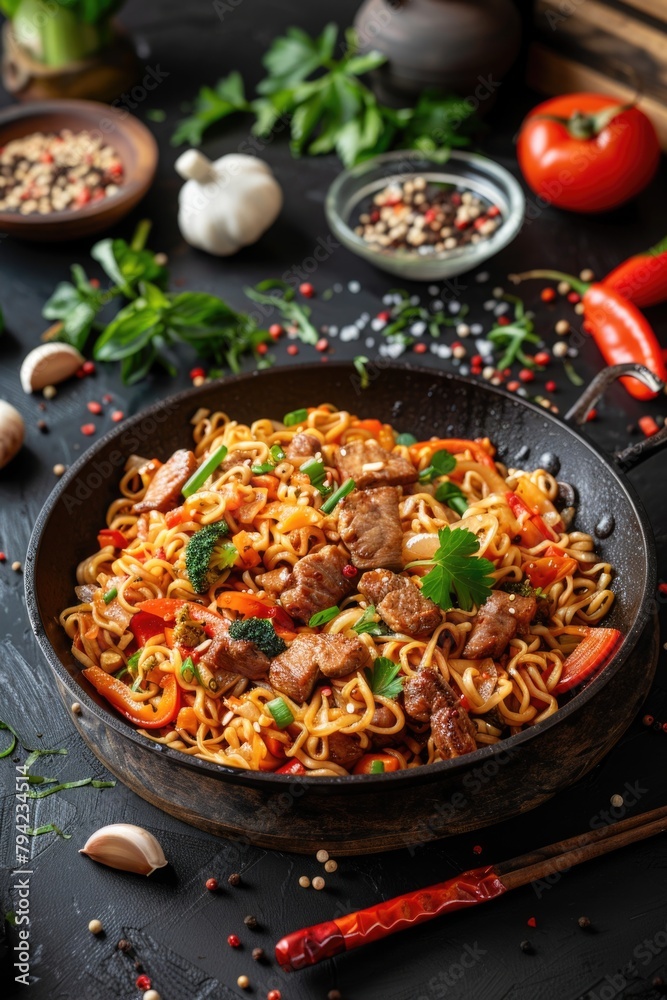 A delicious pan of noodles with meat and vegetables. Perfect for food blogs or restaurant menus A delicious pan of noodles with meat and vegetables. Perfect for food blogs or restaurant menus