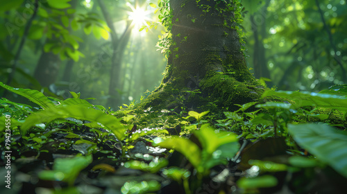 A lush, green forest with rays of sunlight piercing through the canopy and illuminating an ancient tree at its center. Created with Ai