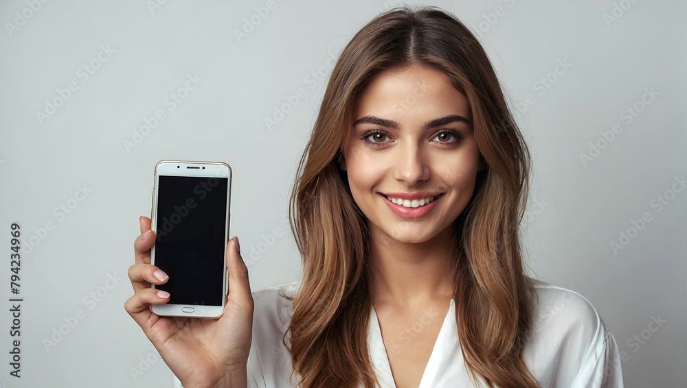 Beautiful Young Woman Showing Smartphone screen. Generative AI
Beautiful Young Woman Showing Smartphone screen. Generative AI