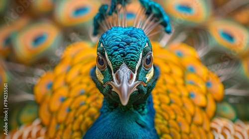Majestic peacock portrait with expanded plumage photo