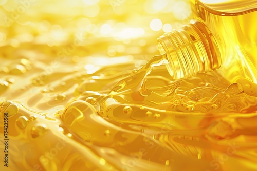 Bio Beauty Alternative: Closeup of Beautiful Yellow Oil Emulsion Wave with Bodycare Bottle