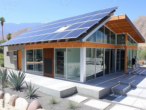 A large house with a lot of windows and a solar panel on the roof. The house is surrounded by a garden with a few plants and a bench