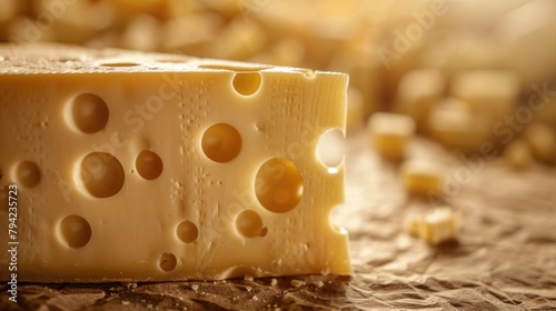 Gruyere Cheese Block on Rustic Background. Swiss Medium-hard Matured Cheese Perfect for Baking photo