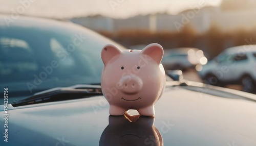  Piggy bank on car hood, vehicle purchase, insurance or driving and motoring cost. Money box on new car. Dealership offering credit