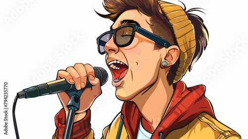 a man singing into a microphone while wearing a beanie