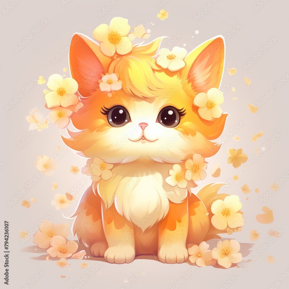 Cute Little Kitten Sitting in a Field of Flowers Cute Little Kitten Sitting in a Field of Flowers
