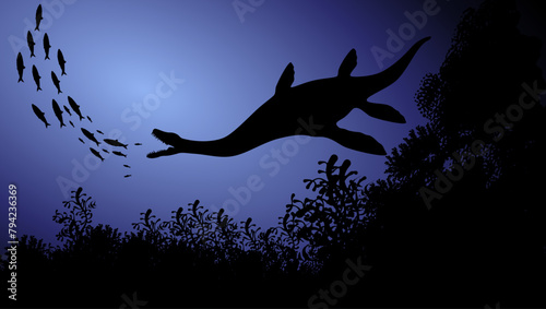 plesiosaur underwater, flat color illustration