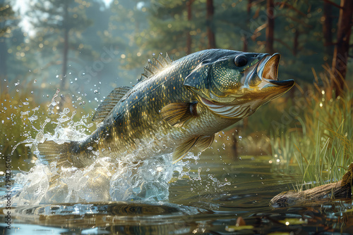 A dynamic photo of an American bass fish jumping out of the water. Created with Ai