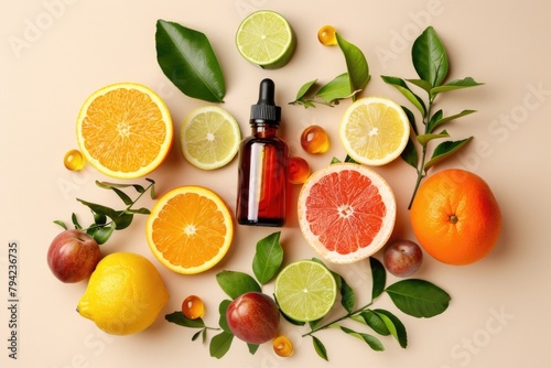 A bottle of essential oil surrounded by citrus fruits and limes. Perfect for aromatherapy or natural skincare concepts