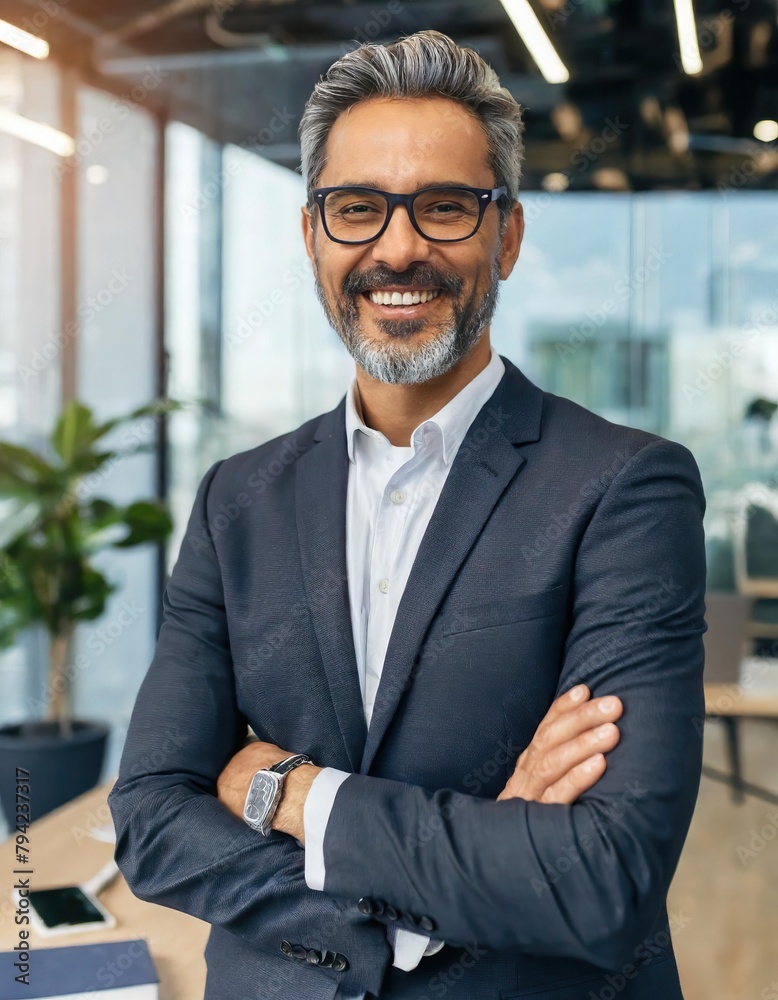 Fototapeta premium Portrait of a proud smiling confident middle aged hispanic businessman in office. Elegant, stylish, corporate leader, successful CEO executive manager