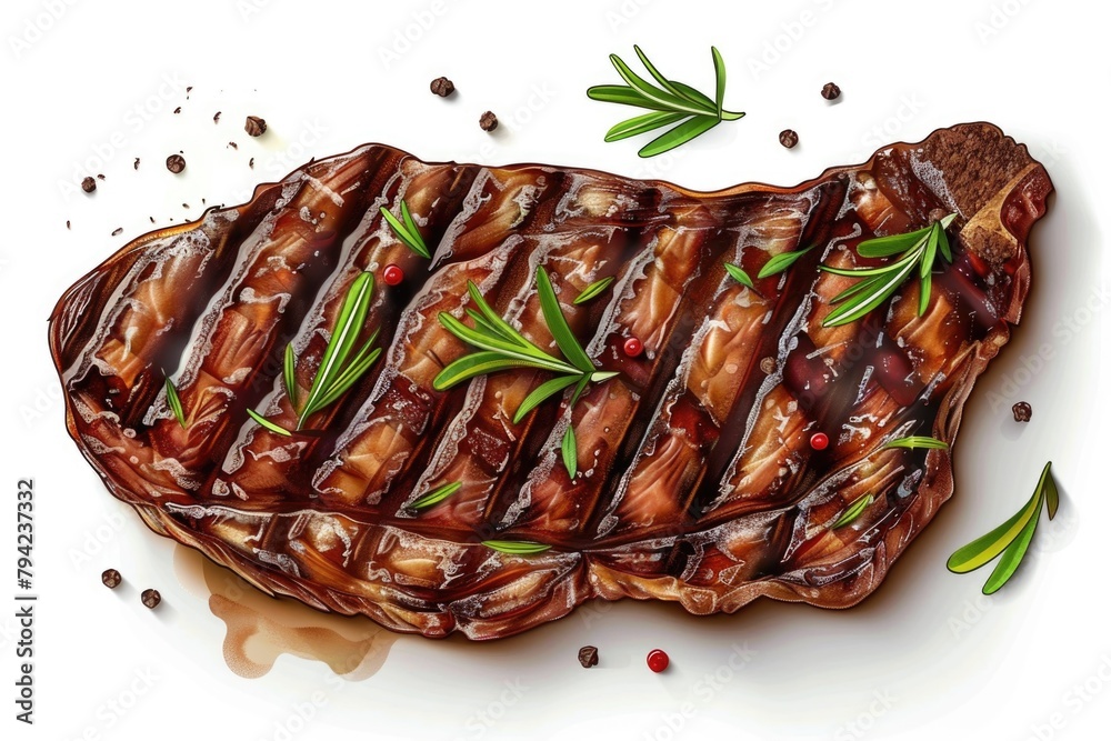 Cooked steak with a garnish of fresh rosemary. Ideal for food blogs or restaurant menus Cooked steak with a garnish of fresh rosemary. Ideal for food blogs or restaurant menus