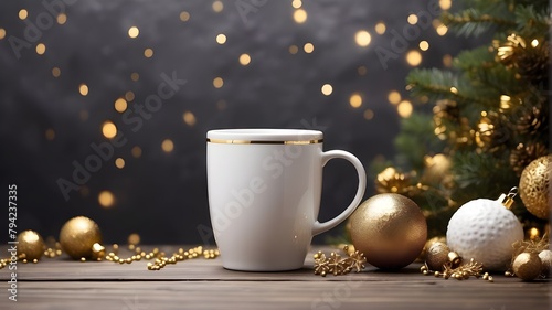 This mockup features a white porcelain coffee cup, golden Christmas decorations, and copy space for your design. frontal view 11-ounce cup backdrop for holiday promotion or memento printing photo