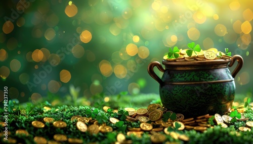 Pot of gold coins and shamrocks