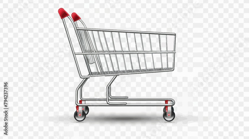 a silver shopping cart with red handles on a white background