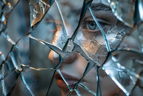 Image of a broken mirror, each piece reflecting a different emotion, symbolizing dissociative identity disorder