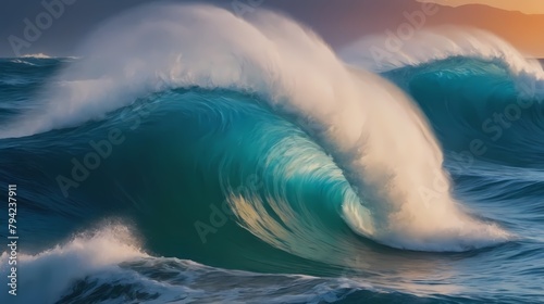 Blue sea with strong waves, high waves close up. Generative AI, Generative, AI