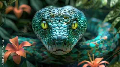 Close-up of the head of a green poisonous snake against a background of flowers and jungle plants Exotic dangerous reptile curled up in a ball and looking at the camera