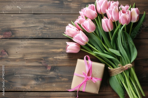 Bunch of pink tulips tied to a brown box. Perfect for gift concept #794238105