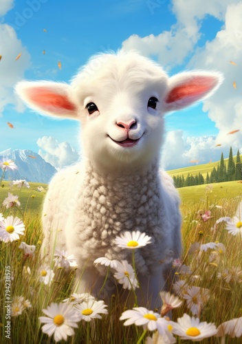 Little Lamb Standing in Field of Flowers