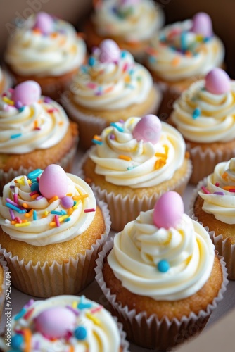 Delicious cupcakes with colorful frosting and sprinkles, perfect for bakery or celebration concepts