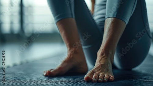 Close up of a person's feet on a yoga mat, suitable for fitness and wellness concepts