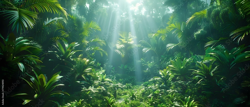 Lush Tropical Rainforest: A Diverse Ecosystem Teeming with Various Plant Species. Concept Rainforest Canopy, Biodiversity, Exotic Flora, Tropical Foliage, Vibrant Ecosystem