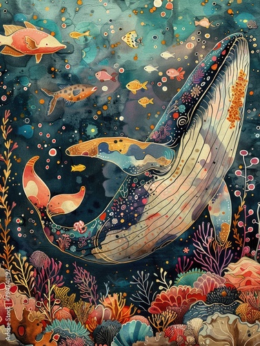 whale, colorful, exquisite detailed, coral, seaweed, fish, patterns, illustration made with Generative Ai © Santasombra