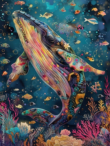 whale, colorful, exquisite detailed, coral, seaweed, fish, patterns, illustration made with Generative Ai