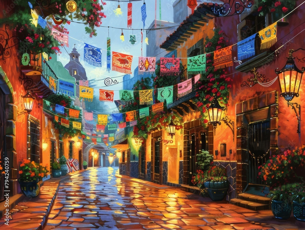 Naklejka premium Vibrant City Street With Numerous Flags