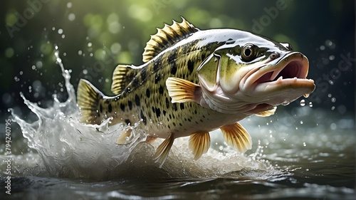 A Largemouth Bass Jumping Out of Water. This image should depict a realistic scene of a largemouth bass fish leaping out of the water with splashing droplets surrounding it. The background should be 
