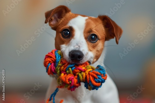 Contented Jack Russell Terrier Chewing on Colorful Rope Toy in Cinematic Photography Style © kittipoj