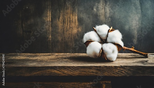 ustic old wooden boards table cotton flowers photo