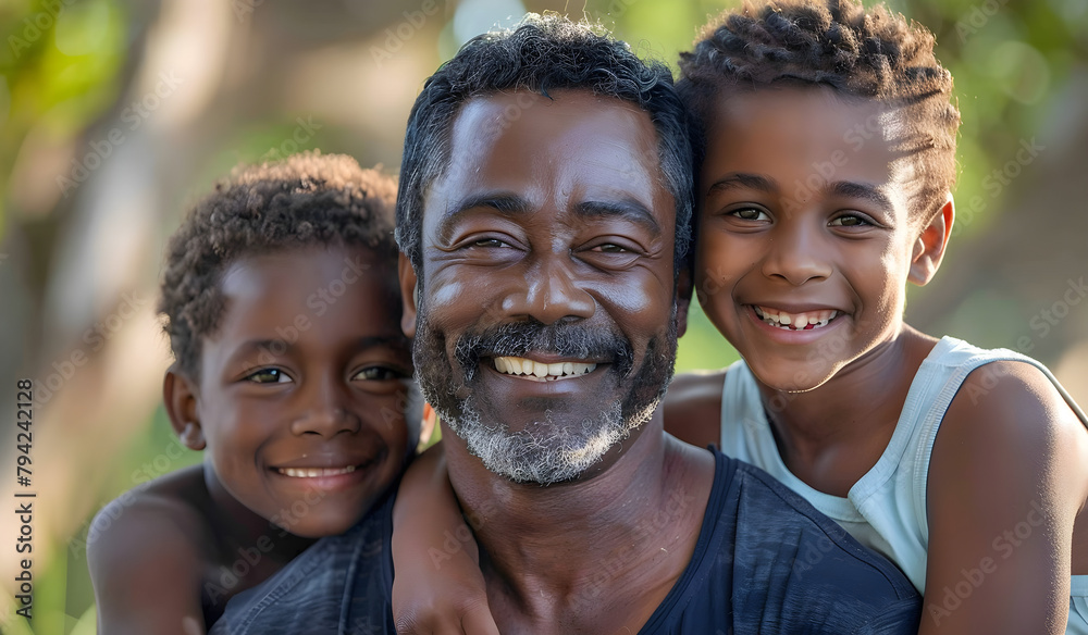 Portrait of a smiling African American man with his children, a happy and loving family. Portrait of a smiling African American man with his children, a happy and loving family.
