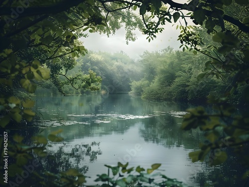 Serene Landscape with Tranquil Lush Foliage-Framed Lake in Cinematic Clarity © kittipoj