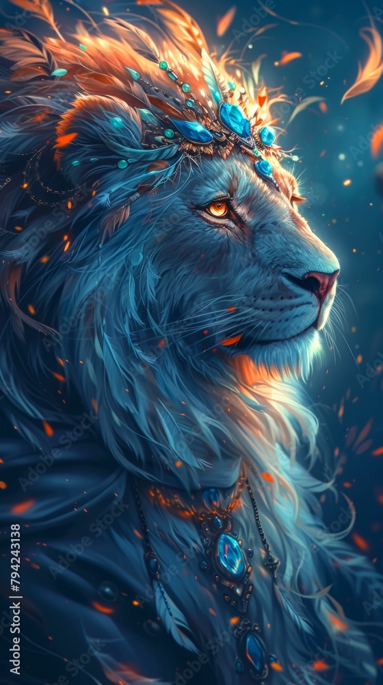 Majestic lion with a regal crown of feathers, draped in a silk cape, adorned with sapphire jewelry, against a midnight blue background, lit with golden hues, exuding confidence and power