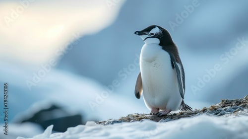 Polished penguin in a tuxedo, sporting a bow tie, against an icy landscape backdrop