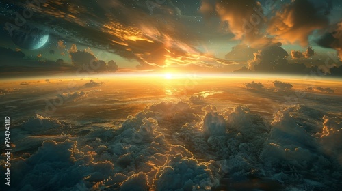Surreal golden sunrise over a vast cloudscape with a view of distant planets in the sky.