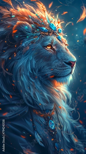 Majestic lion with a regal crown of feathers  draped in a silk cape  adorned with sapphire jewelry  against a midnight blue background  lit with golden hues  exuding confidence and power