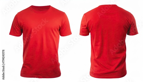  red t shirt front and back view, isolated on white background. Ready for your mock up design template  photo