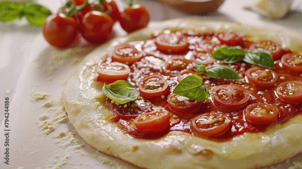 Delicious pizza with tomatoes and basil, perfect for food blogs or restaurant menus Delicious pizza with tomatoes and basil, perfect for food blogs or restaurant menus