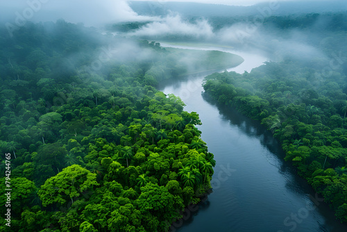 Lush rainforest and rivers in summer, covered by green trees. Beautiful tropical vista landscape, similar to amazon rainforest, congo, southeast asia, and other regions. photo
