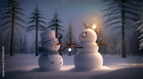 A charming scene featuring two snowmen with joyful expressions standing in a serene, snow-covered forest at dusk.