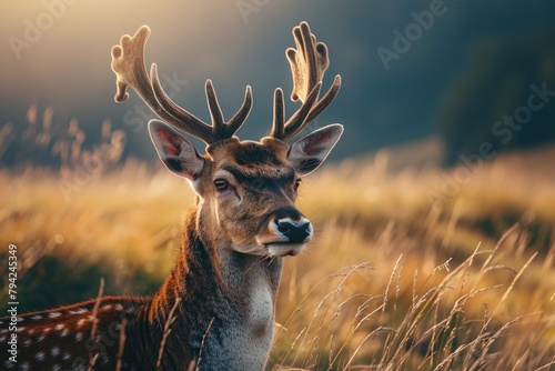 Close-up of a deer with velvety antlers amid glowing golden grass at sunset.