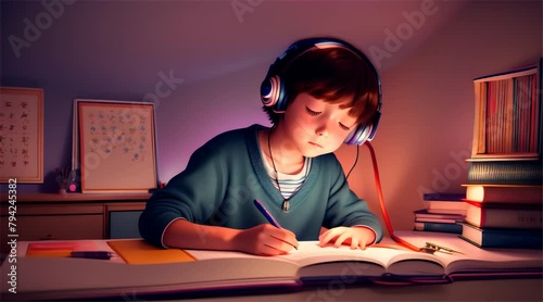 A young child, deeply focused, studies under a desk lamp at night while wearing headphones in a cozy room.