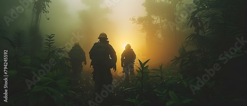 Search and Rescue Team in Tropical Forest Aids Missing Person and Injured Individual. Concept Search and Rescue Team, Tropical Forest, Missing Person, Injured Individual, Emergency Assistance photo