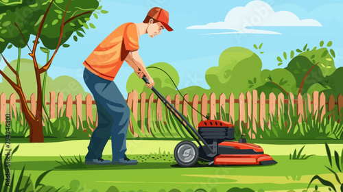 a man mowing the grass with a lawnmower