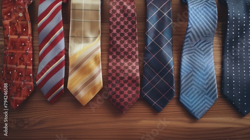 A variety of colorful ties neatly displayed on a wooden surface. Perfect for fashion or business concepts