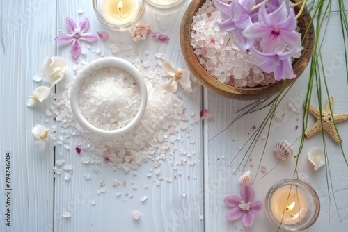 A bowl of sea salt next to a bowl of flowers and candles. Ideal for spa and relaxation concept