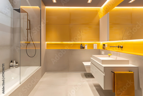 Contemporary modern bathroom interior in yellow colors and concrete elements.