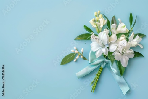 A beautiful bouquet of white flowers on a vibrant blue background. Perfect for various occasions and designs © Fotograf